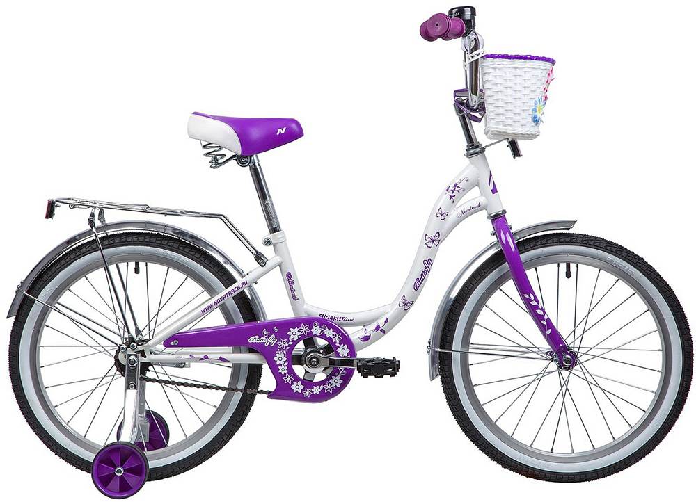 Велосипед NOVATRACK 20" BUTTERFLY, белый-фиолетовый, тормоз ножной, крылья и багажник